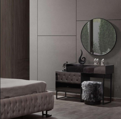 Designer šedý toaletní stůl s kulatým zrcadlem a polstrováním luxusní 3dílná sada