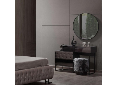 Designer šedý toaletní stůl s kulatým zrcadlem a polstrováním luxusní 3dílná sada