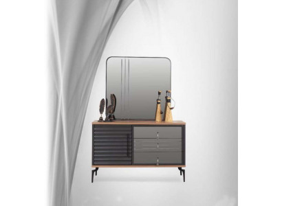 Elegantní hnědé komody se čtvercovým zrcadlem ve stylovém ložním setu