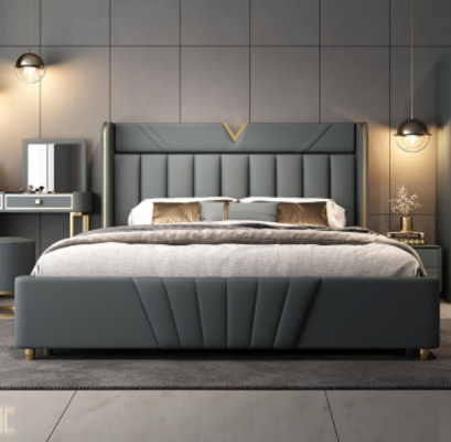 Ložnice Šedá postel Designový nábytek Luxusní materiály Dřevěný rám