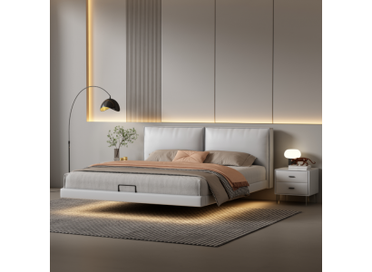 Bílá ložnice stěnová postel Designové postele Dřevěná konstrukce Manželská postel