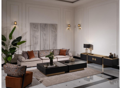 Sofa set třímístná sedací souprava, křeslo, stolky 6 kusů šedá obývací pokoj