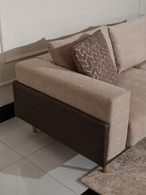 Kompletní obývací pokoj - pohovka, konferenční stolky, 6 částí, látková pohovka, béžová barva, dřevo, moderní.