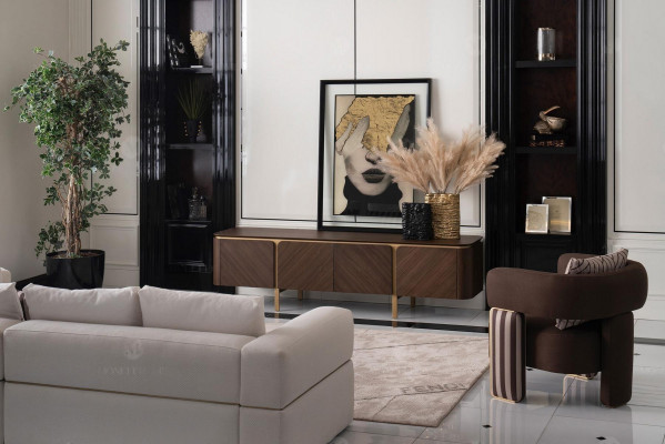 Sada sedacích souprav - rohová sedací souprava, křeslo, látková pohovka, mediální stolek RTV, béžová, moderní, 3 kusy.