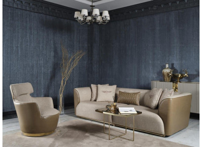 Sofa set třímiestná sedací souprava Beige látková sedačka Polstrovana stěna Souprava sofás