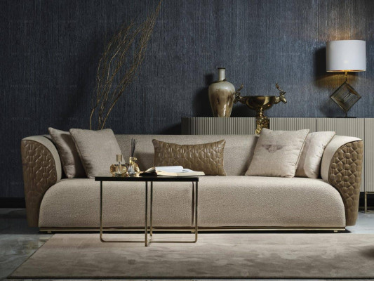 Sofa set třímiestná sedací souprava Beige látková sedačka Polstrovana stěna Souprava sofás