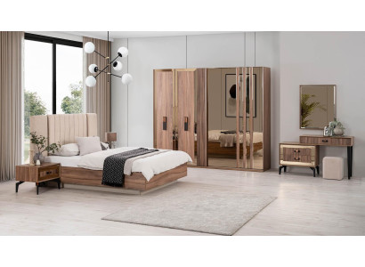 Luxusová manželská postel Ložnice Garnitur Postel Dřevo Set 7 kusů Hnědá Moderní