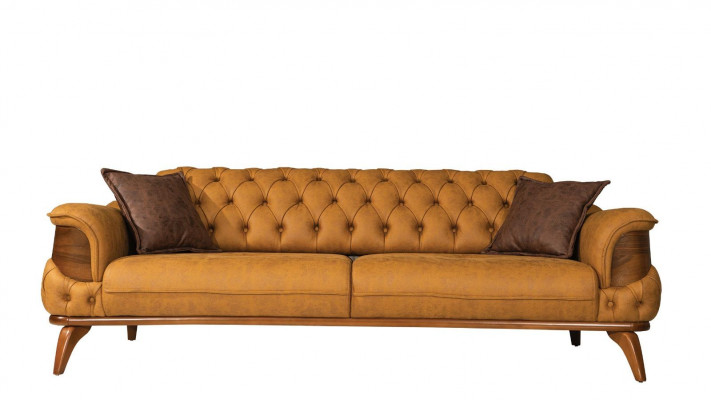 Třímístná pohovka Chesterfield v moderním designu ze žluté kůže do obývacího pokoje.