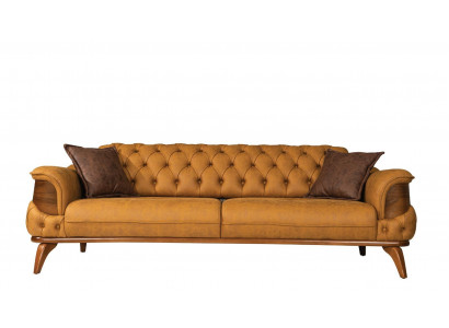Třímístná pohovka Chesterfield v moderním designu ze žluté kůže do obývacího pokoje.