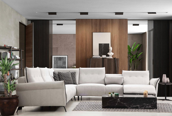 Bílá rohová sedací souprava L-tvaru obývacího pokoje potah z textilu pohovka moderní nábytek