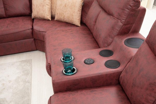 Rohová sedací souprava L-fo tvaru, designová obývací místnost, luxusní sedací nábytek, moderní, červený, čalouněný nábytek.