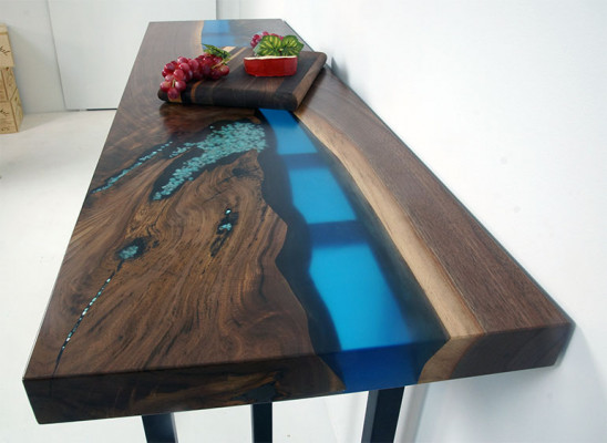 Jídelní stůl River Table Skutečné dřevo Masiv Epoxidová pryskyřice Stoly 260x100 Nový