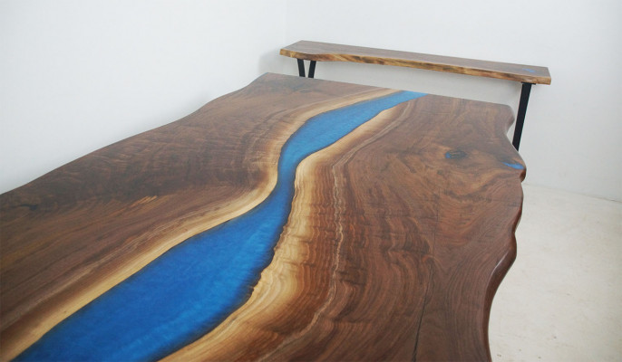 Jídelní stůl River Table Skutečné dřevo říční stůl 220x100 Masivní stoly Epoxidová pryskyřice