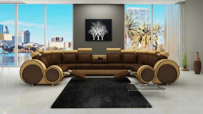 Moderní kožená pohovka, rohová pohovka, křesla XXL, velké obývací stěny + USB