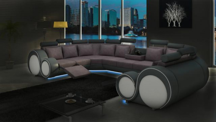 Moderní kožená pohovka, rohová pohovka, křesla XXL, velké obývací stěny + USB