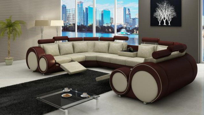 Moderní kožená pohovka, rohová pohovka, křesla XXL, velké obývací stěny + USB