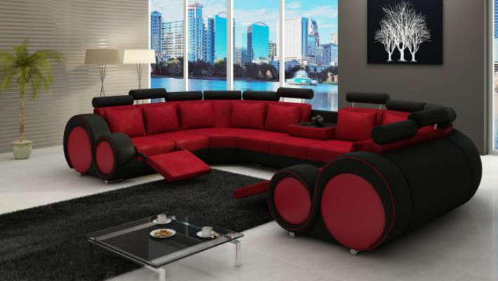 Moderní kožená pohovka, rohová pohovka, křesla XXL, velké obývací stěny + USB