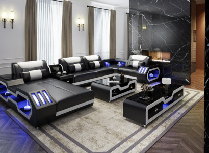 XXL obývací landschaftová pohovka, gauč, čalouněná rohová souprava gaučů + USB + světlo