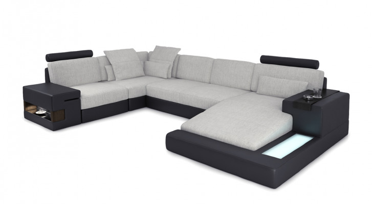 XXL rohová sedací souprava U tvaru, kožená sofa, potahová pohovka, textilní kůže USB
