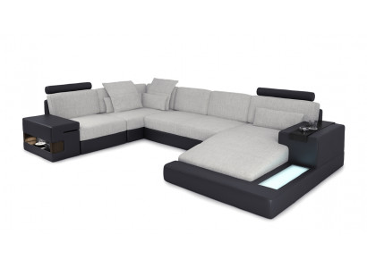 XXL rohová sedací souprava U tvaru, kožená sofa, potahová pohovka, textilní kůže USB