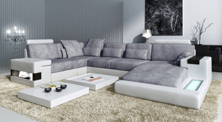 XXL rohová sedací souprava U tvaru, kožená sofa, potahová pohovka, textilní kůže USB