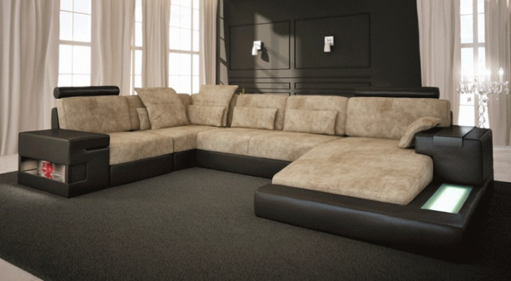 XXL rohová sedací souprava U tvaru, kožená sofa, potahová pohovka, textilní kůže USB
