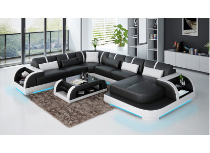 Moderní kožená pohovka, sedací souprava, designová rohová pohovka, uspořádání do obývacího pokoje, rozkládací sedací souprava s USB rozvodem.