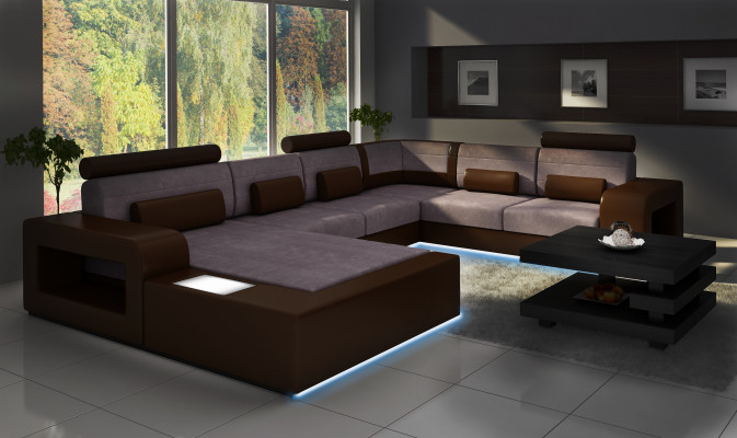 Obývací sestava sofa s USB, sedací souprava textilie textilní kůže s osvětlením