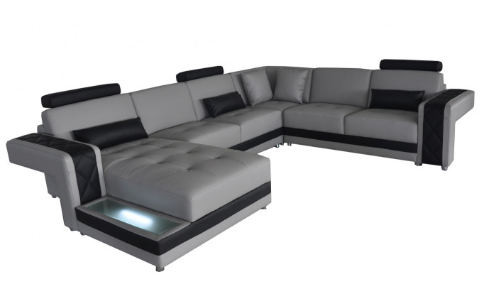 Kožená pohovka Obývací souprava Rohová sedací souprava Design Moderní pohovka U- tvar LED USB