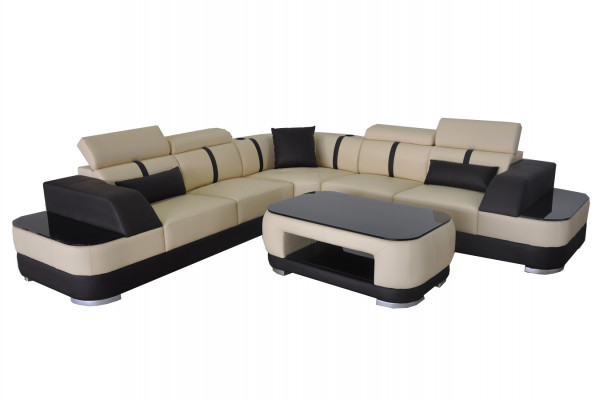 Sofa v kůži s polstrováním v rohu, sedací souprava v L tvaru + stůl obývací stěna