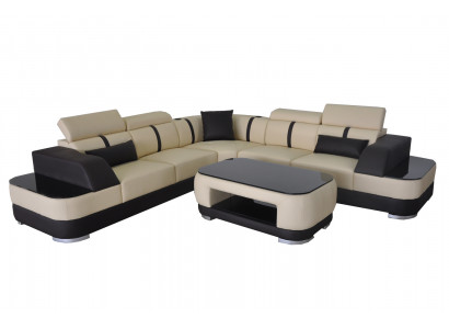 Sofa v kůži s polstrováním v rohu, sedací souprava v L tvaru + stůl obývací stěna