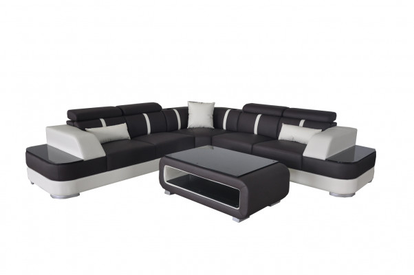 Sofa v kůži s polstrováním v rohu, sedací souprava v L tvaru + stůl obývací stěna