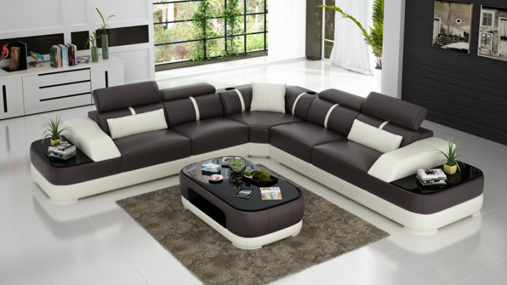 Sofa v kůži s polstrováním v rohu, sedací souprava v L tvaru + stůl obývací stěna