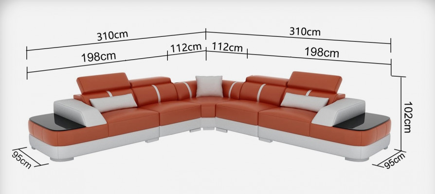 Sofa v kůži s polstrováním v rohu, sedací souprava v L tvaru + stůl obývací stěna