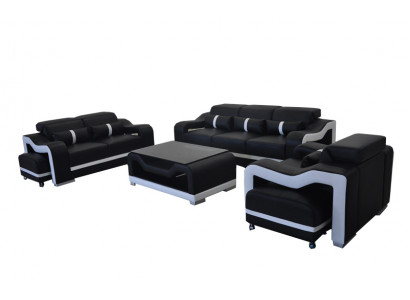 Sofa Kůže + USB, Pohovka Potahová Souprava 3+2+1 Sedadlo Kompletní Garnitury + Stůl
