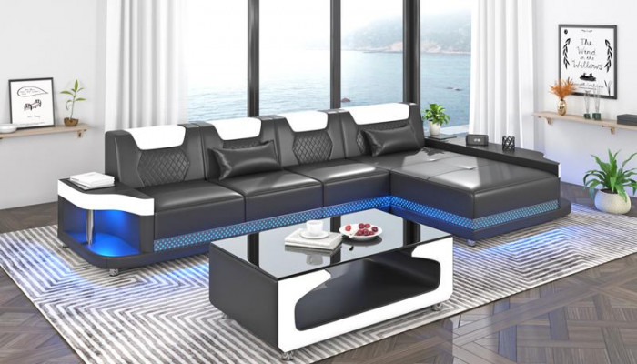 Rohová sofa L-tvaru tapicírová kůže obývací krajina pohovky roh luxus nábytek nový.