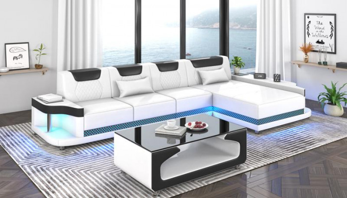 Rohová sofa L-tvaru tapicírová kůže obývací krajina pohovky roh luxus nábytek nový.