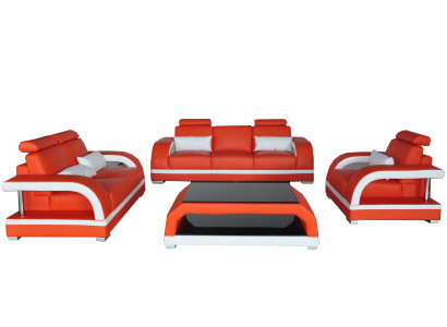 Sofa Pohovka Kožené Čalounění Sedadlo Pohovka Garnitury 3+2+1 USB + Stůl Set Design Sofa
