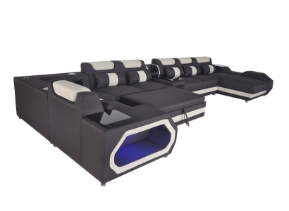 Design XXL moderní kožený rohový gauč sofa rohová sedací souprava postel USB LED.