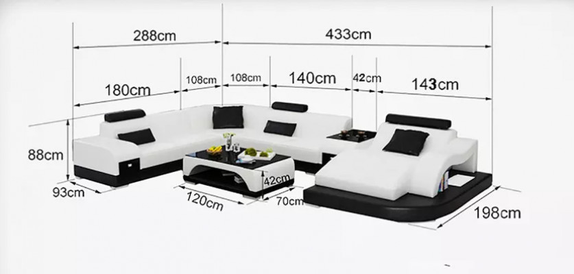 Rohová sedací souprava U-formy, křeslo, konferenční stolek, moderní pohovka, kožená pohovka, rohová sedací souprava, čalounění 2 kusy souprava