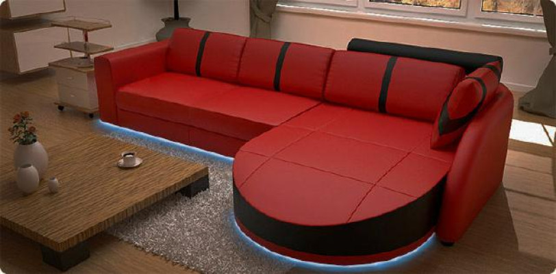 KŮŽOVÁ ROHOVÁ SOFA S FUNKCÍ POSTELE, DESIGNÉRSKÁ SOFA, ROZHODÍVACÍ SOFA, KOŽENÝ ROHOVEC S USB.