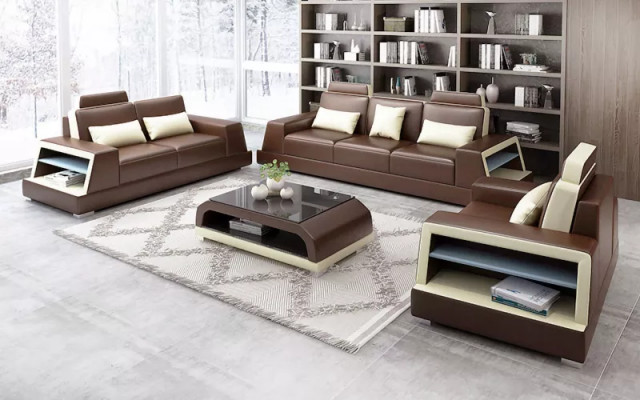 Sofa set 3-místné sezení, konferenční stolek, kožená pohovka, moderní pohovka, sedací souprava.