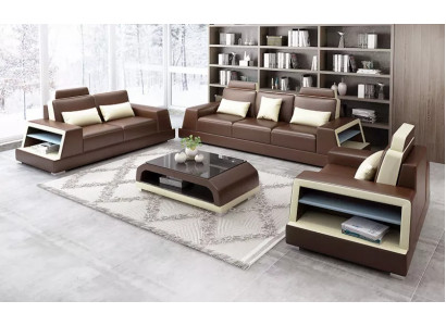 Sofa set 3-místné sezení, konferenční stolek, kožená pohovka, moderní pohovka, sedací souprava.