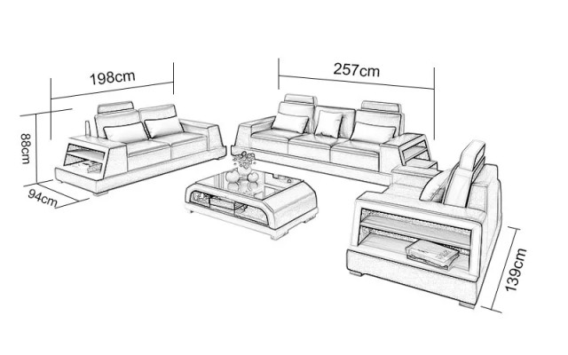 Sofa set 3-místné sezení, konferenční stolek, kožená pohovka, moderní pohovka, sedací souprava.