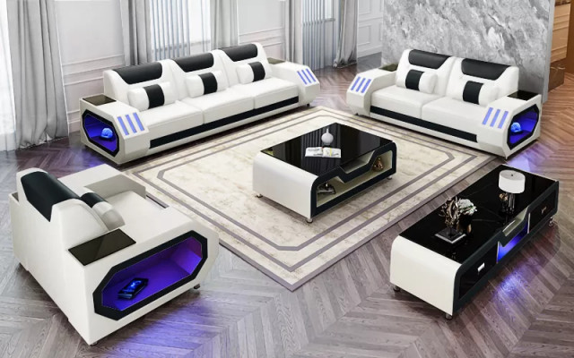 Sofá souprava 3+2+1 Moderní sedací souprava Kožená sedací souprava Designové pohovky Obývací stěna Nová.