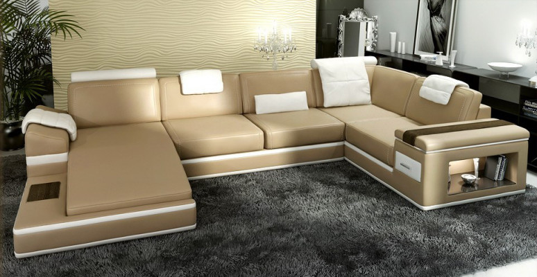 Ecksofa Sofa Pohovka Čalouněná kůže Garnitury Obývací kout Beige