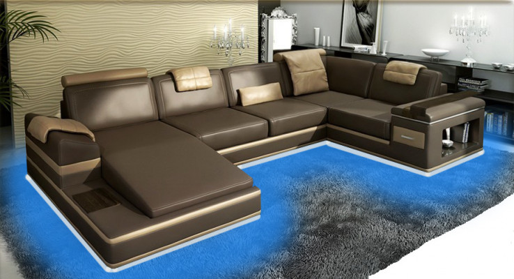 Ecksofa Sofa Pohovka Čalouněná kůže Garnitury Obývací kout Beige