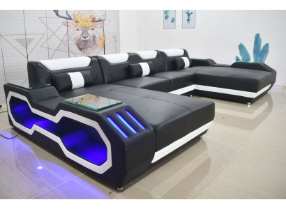 Moderní pohovka Měkká rohová pohovka Obývací pokoj Designové kůžené rohové sedací soupravy U-foýmová pohovka.