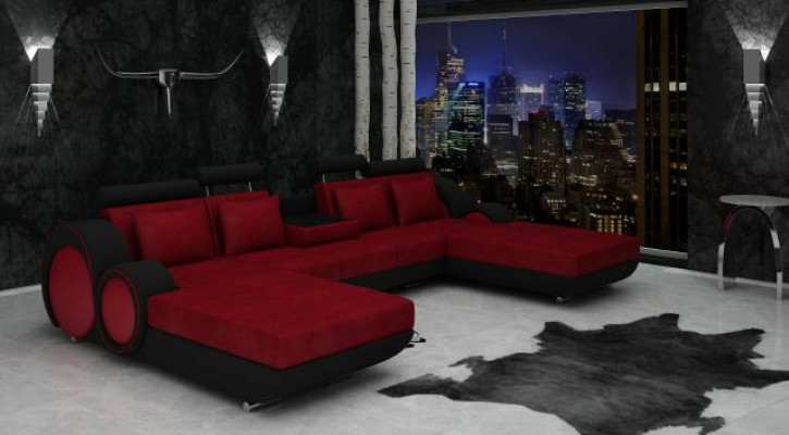 Textilní rohová sedací souprava v U-formě s chaiselongue, designová sedací souprava 2 lůžka látkové pohovky Berlin.