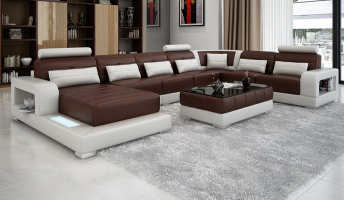 XXL Velká obývací souprava pohovka s USB polstrování kůže sofa sestava pohovky světlo
